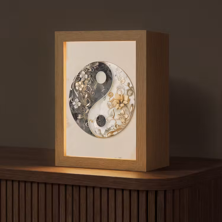 Yin Yang - Bloemen - Zwart - Wit - Vintage Light Box met kabel (Tafellamp) klein -z3d_website