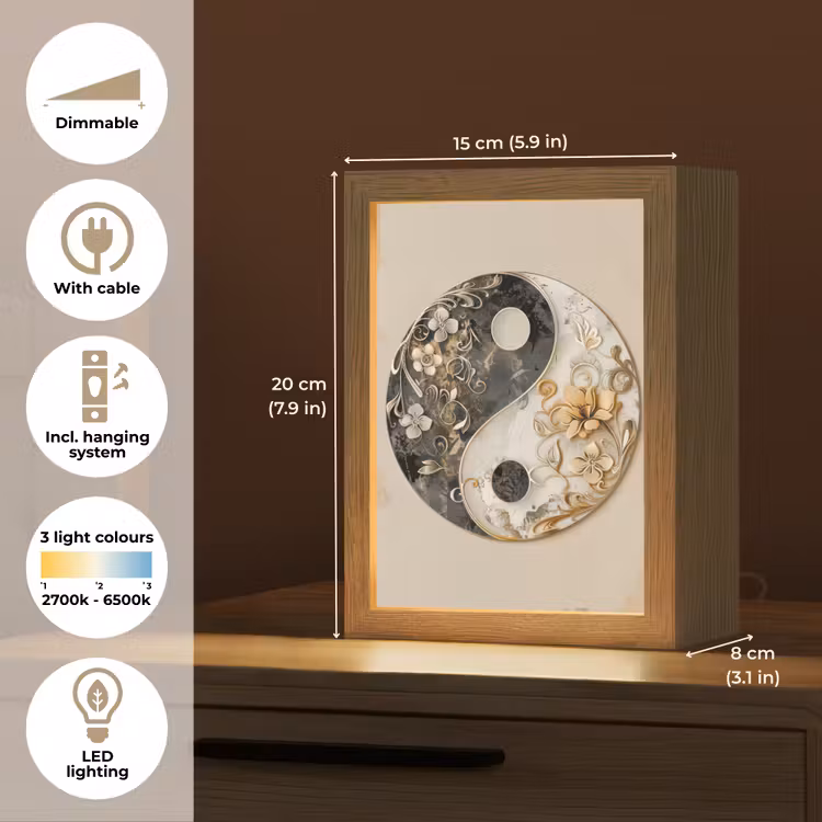 Yin Yang - Bloemen - Zwart - Wit - Vintage Light Box met kabel (Tafellamp) klein -USP_EN