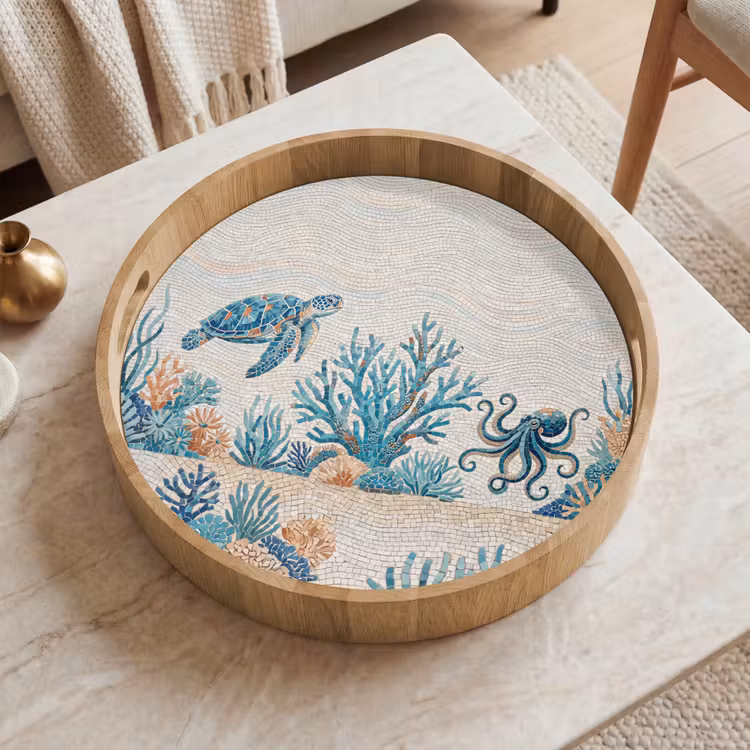 Dieren - Onderwater - Natuur - Mozaïek - Blauw Dienblad Rond middel -sfeer1