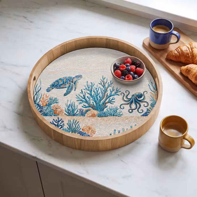 Dieren - Onderwater - Natuur - Mozaïek - Blauw Dienblad Rond middel -sfeer2