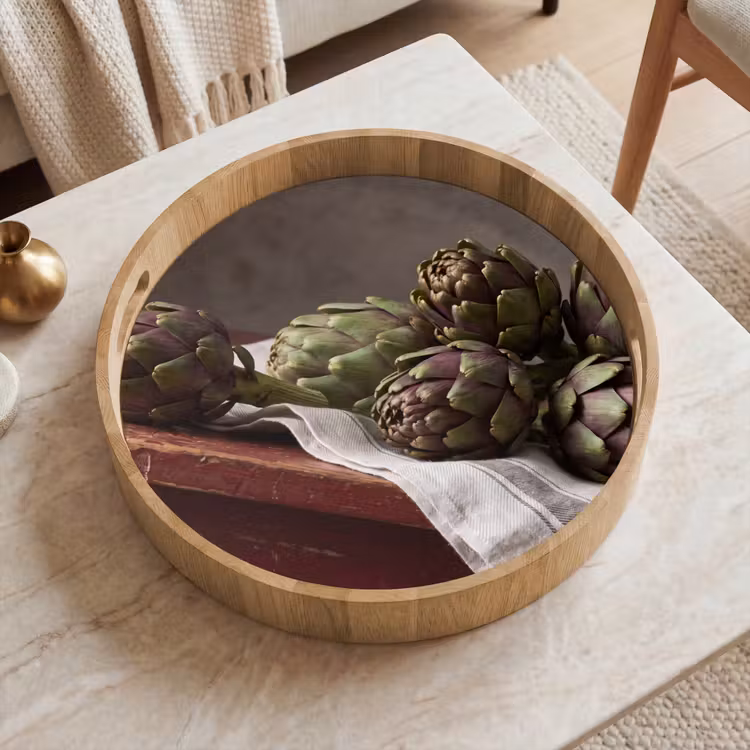 Tray - Artichoke - Food - Rustic - Artisjok - Eten - Rustiek Dienblad Rond middel