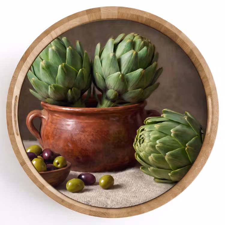 Tray - Artichokes - Olives - Food - Artisjokken - Olijven - Eten Dienblad Rond middel