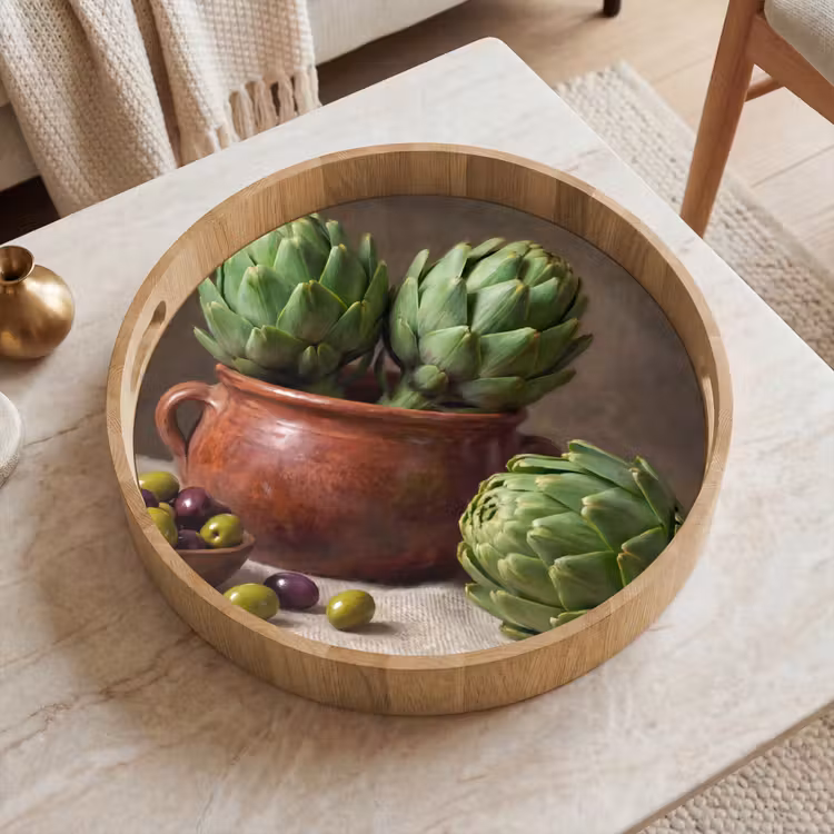 Tray - Artichokes - Olives - Food - Artisjokken - Olijven - Eten Dienblad Rond middel