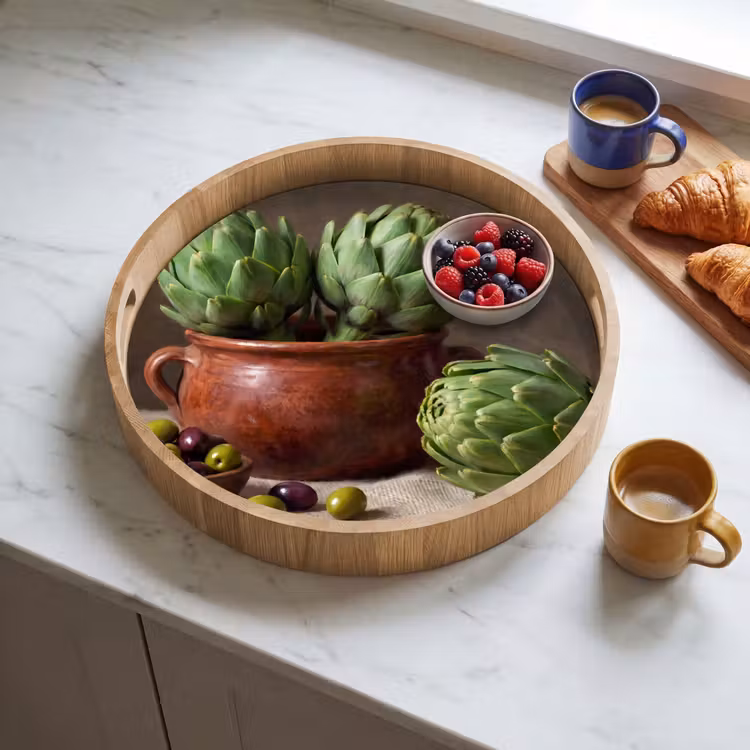 Tray - Artichokes - Olives - Food - Artisjokken - Olijven - Eten Dienblad Rond middel