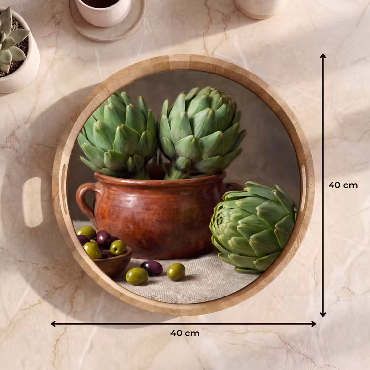 Tray - Artichokes - Olives - Food - Artisjokken - Olijven - Eten Dienblad Rond middel