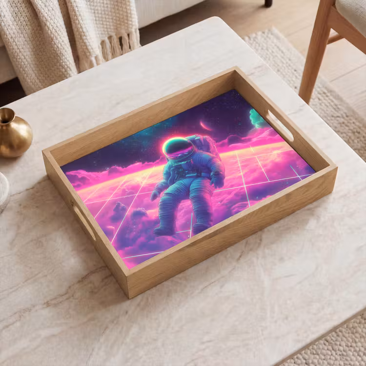 Astronaut - Neon - Roze - Wolken Dienblad Rechthoek middel -sfeer1