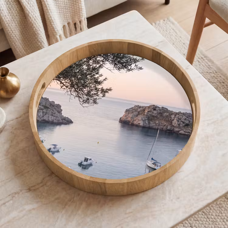 Tray - Bay - boats - sunset - Baai - boten - zonsondergang Dienblad Rond middel