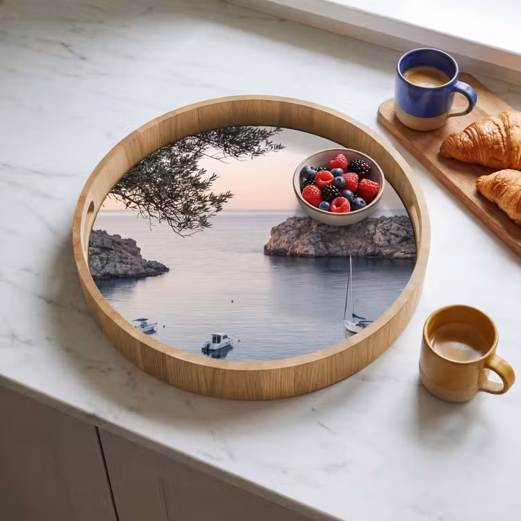 Tray - Bay - boats - sunset - Baai - boten - zonsondergang Dienblad Rond middel