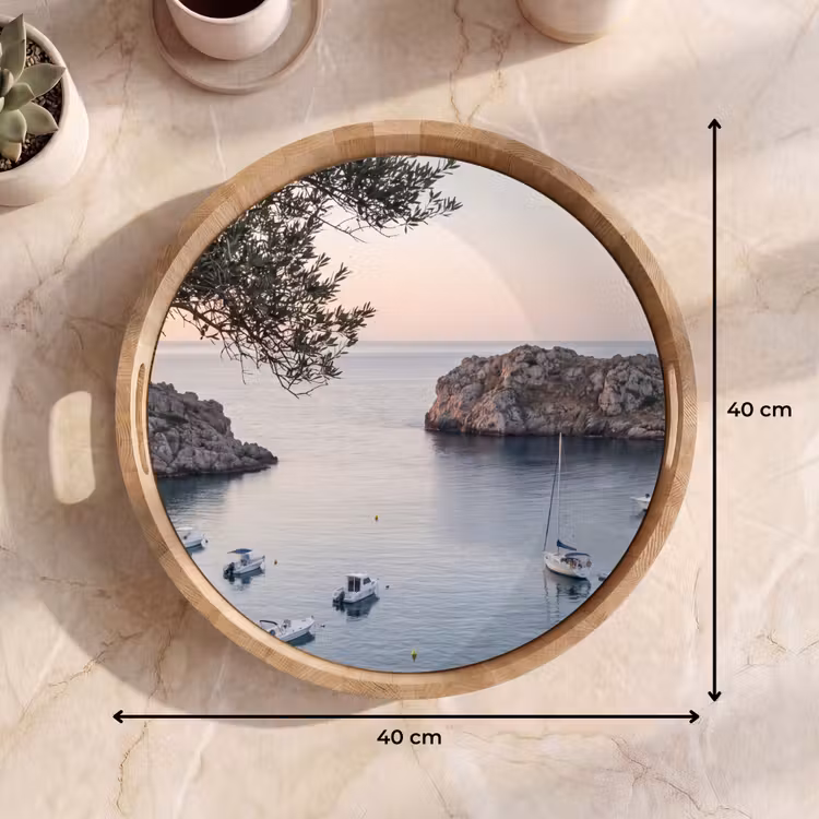 Tray - Bay - boats - sunset - Baai - boten - zonsondergang Dienblad Rond middel