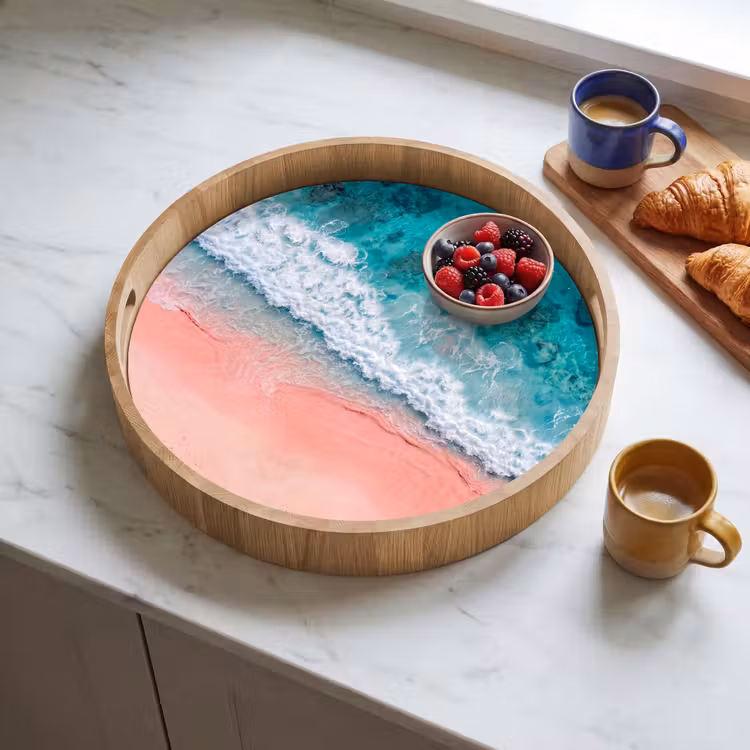 Strand - Oceaan - Golven - Roze Zand - Natuur Dienblad Rond middel -sfeer2
