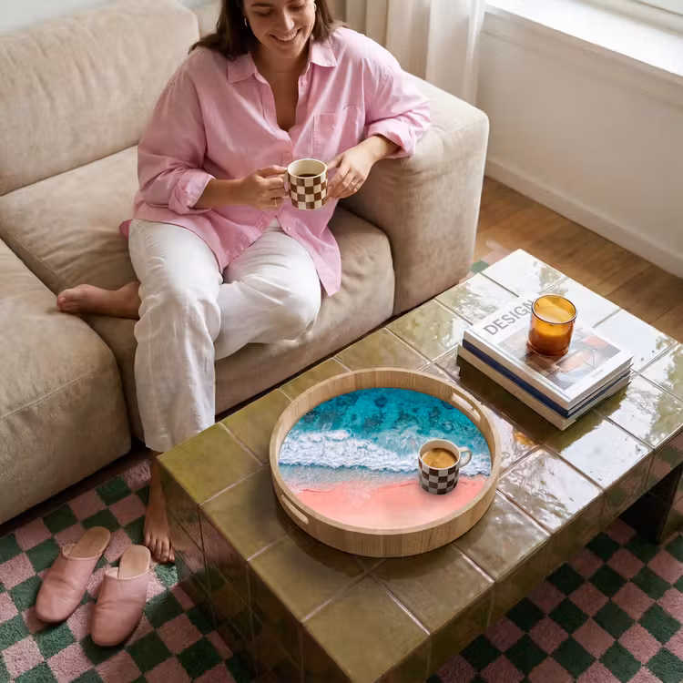 Strand - Oceaan - Golven - Roze Zand - Natuur Dienblad Rond middel -sfeer3