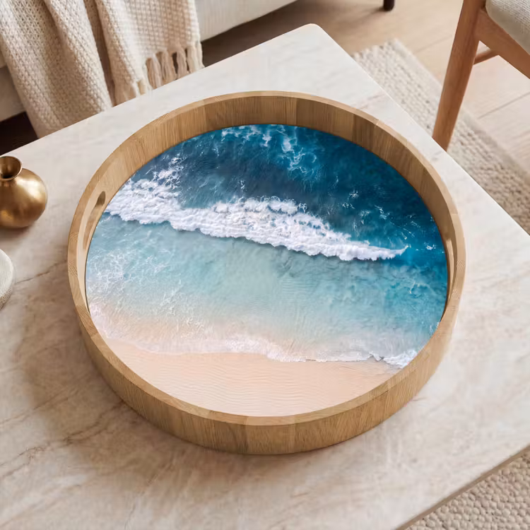 Strand - Zee - Golven - Natuur - Blauw Dienblad Rond middel -sfeer1