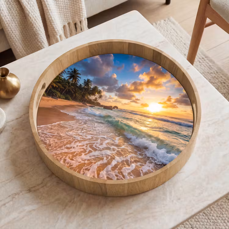 Strand - Zonsondergang - Golven - Natuur - Goud Dienblad Rond middel -sfeer1