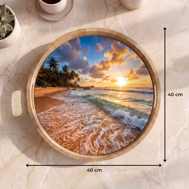 Strand - Zonsondergang - Golven - Natuur - Goud Dienblad Rond middel -USP_Formaat