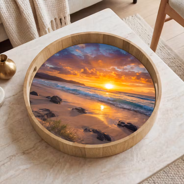 Strand - Zonsondergang - Golven - Natuur - Oranje Dienblad Rond middel -sfeer1