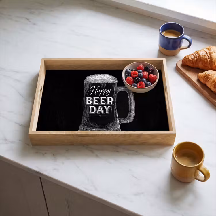 Bierpul - Witte krijtletters - Happy beer day Dienblad Rechthoek middel -sfeer2