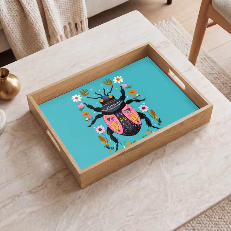 Kever - Bloemmotieven - Turquoise - Bladeren Dienblad Rechthoek middel -sfeer1