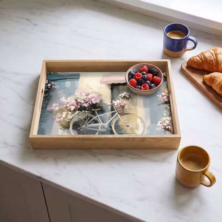 Fiets - Pastelkleuren - Bloemen Dienblad Rechthoek middel -sfeer2