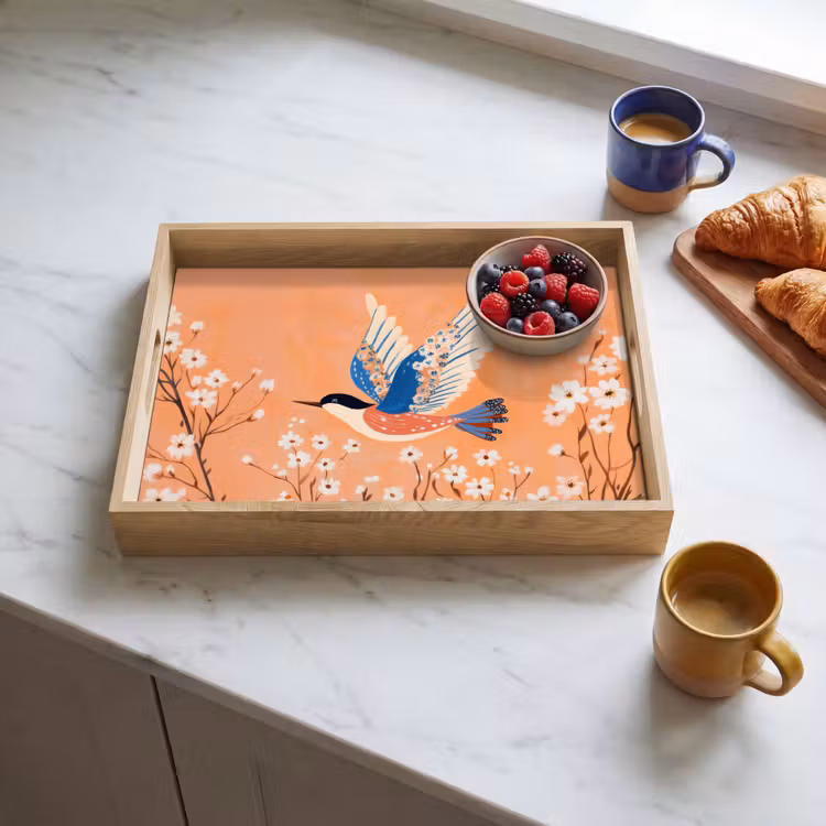 Vogel - Bloesemtakken - Warm - Kleurrijk Dienblad Rechthoek middel -sfeer2
