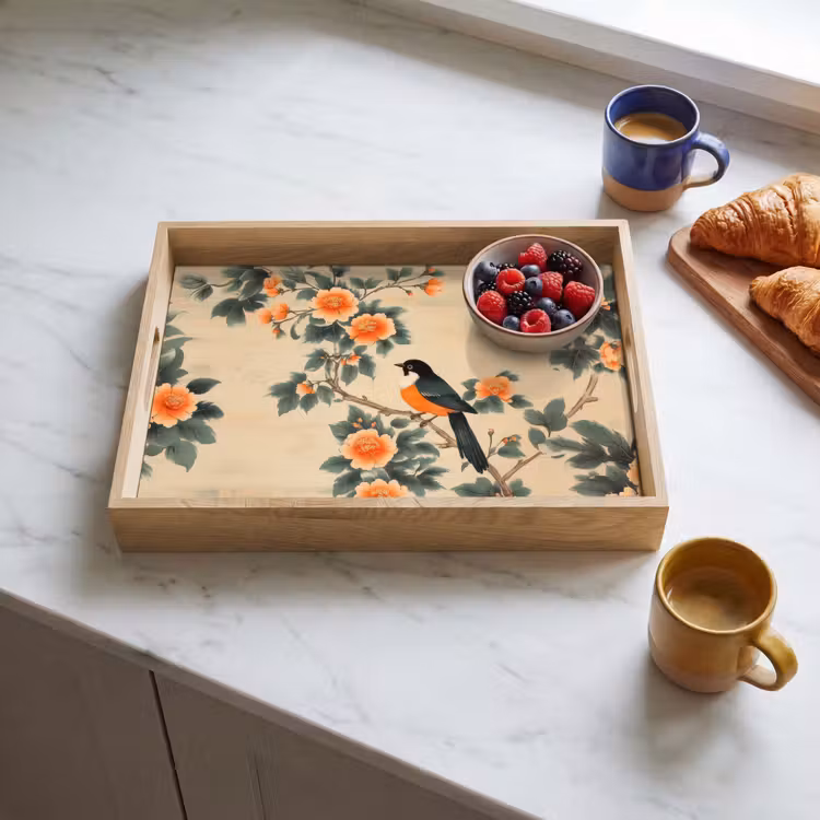 Vogel - Tak - Bloemen - Oranje Dienblad Rechthoek middel -sfeer2