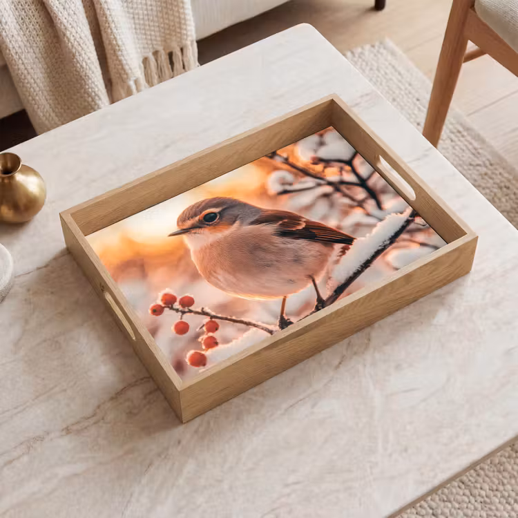 Vogel - Tak - Winter - Dieren - Sneeuw Dienblad Rechthoek middel -sfeer1