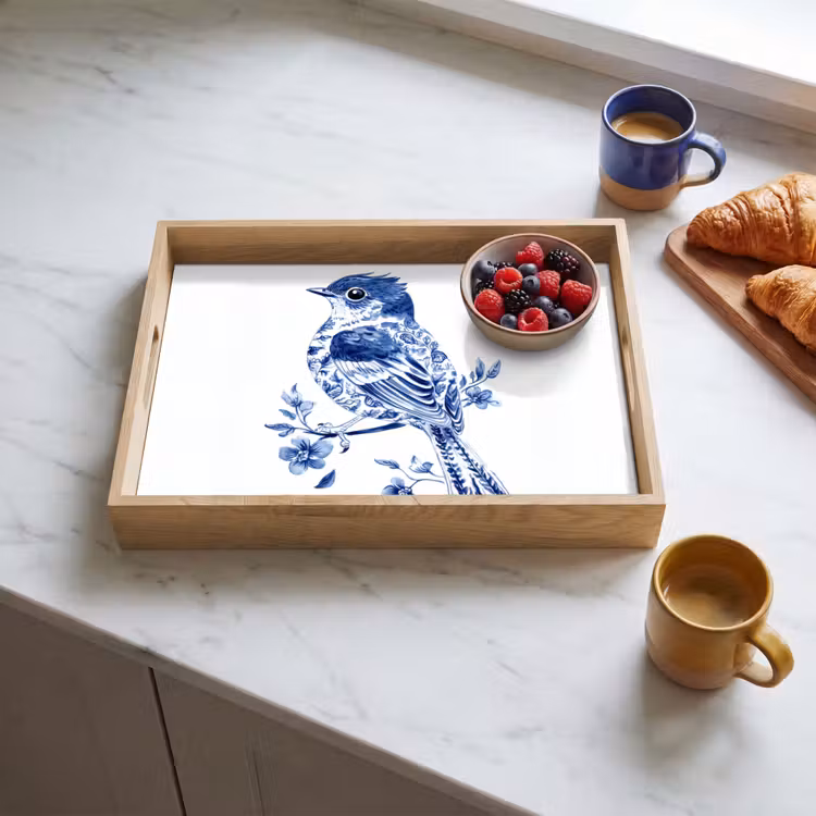 Vogel - Delfts blauw - Illustratie - Bloemen Dienblad Rechthoek middel -sfeer2