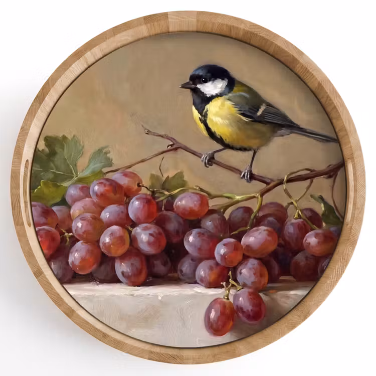 Tray - Bird - Grapes - Still Life - Vogel - Druiven - Stilleven Dienblad Rond middel