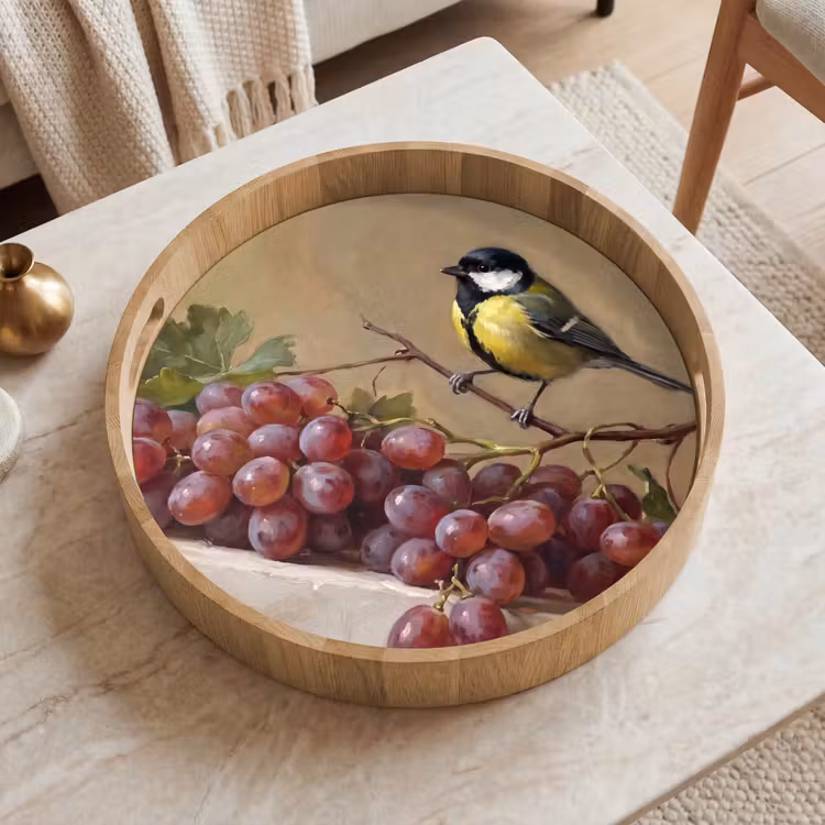 Tray - Bird - Grapes - Still Life - Vogel - Druiven - Stilleven Dienblad Rond middel