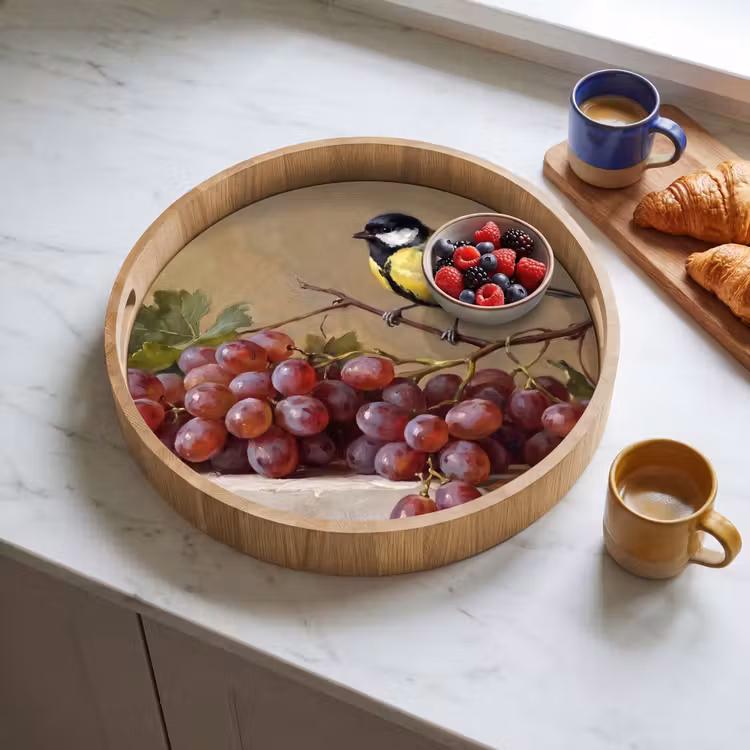Tray - Bird - Grapes - Still Life - Vogel - Druiven - Stilleven Dienblad Rond middel
