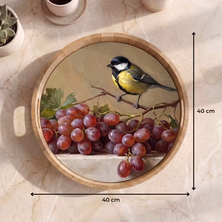 Tray - Bird - Grapes - Still Life - Vogel - Druiven - Stilleven Dienblad Rond middel
