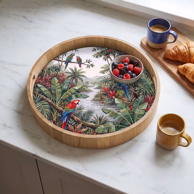 Vogel - Jungle - Natuur - Mozaïek - Groen Dienblad Rond middel -sfeer2