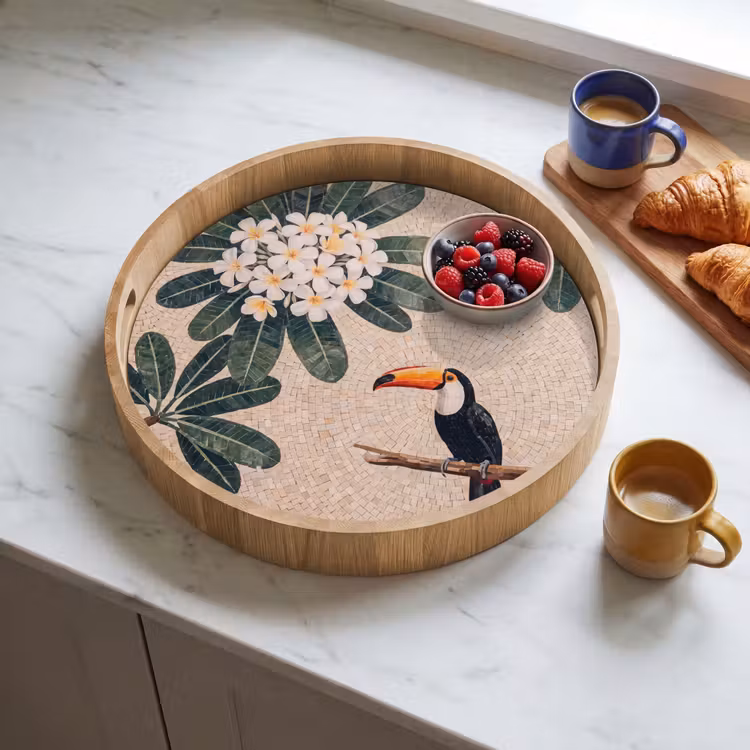 Vogel - Mozaïek - Tropisch - Natuur - Kleurrijk Dienblad Rond middel -sfeer2
