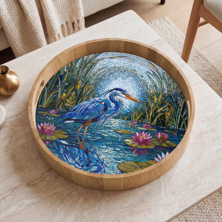 Vogel - Water - Natuur - Abstract - Blauw Dienblad Rond middel -sfeer1