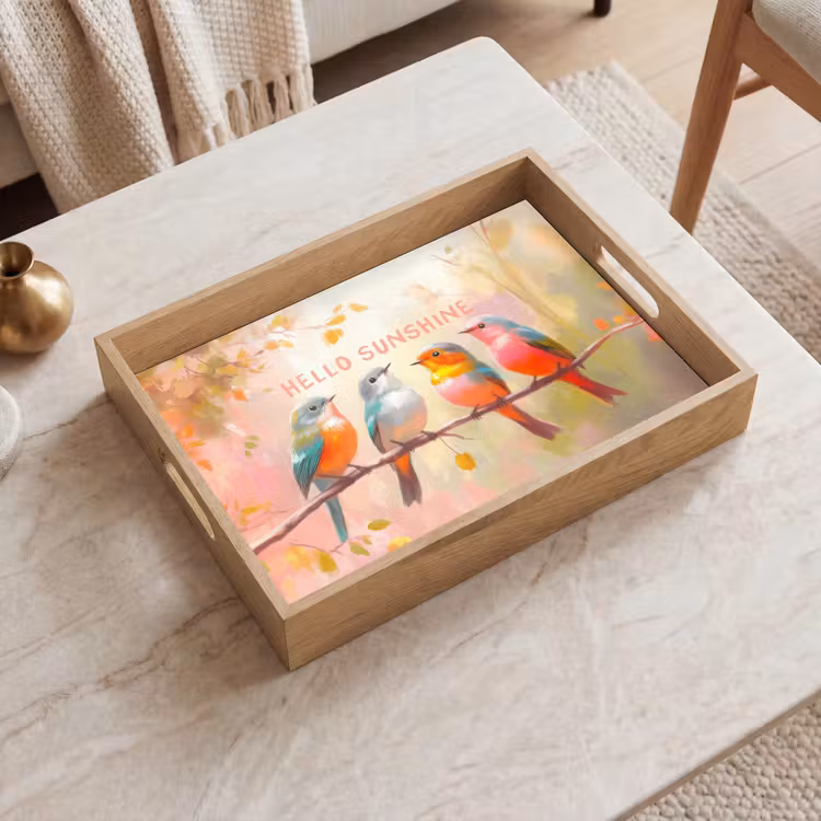 Vogels - Tak - Quote - Roze Dienblad Rechthoek middel -sfeer1