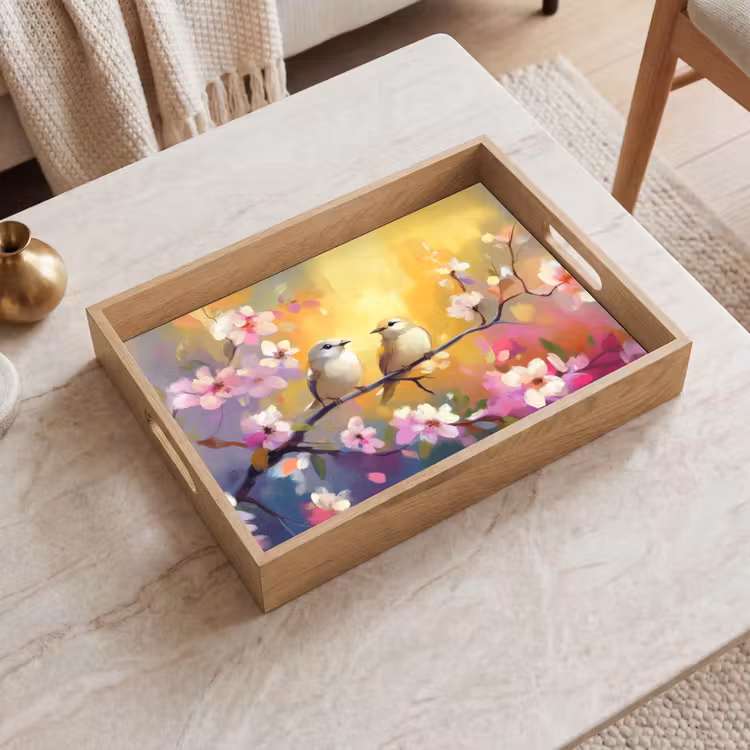 Vogels - Bloemen - Roze Dienblad Rechthoek middel -sfeer1
