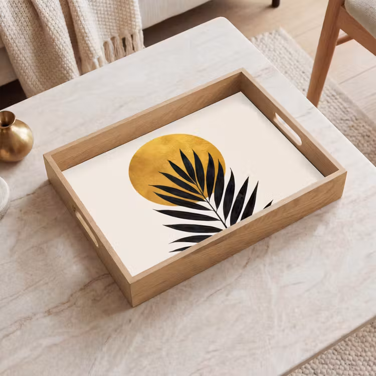 Zwart palmblad - Gouden cirkel - Beige achtergrond Dienblad Rechthoek middel -sfeer1