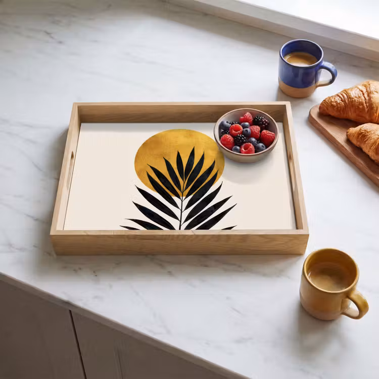 Zwart palmblad - Gouden cirkel - Beige achtergrond Dienblad Rechthoek middel -sfeer2