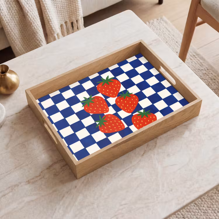 Geblokt - Blauw - Aardbeien Dienblad Rechthoek middel -sfeer1