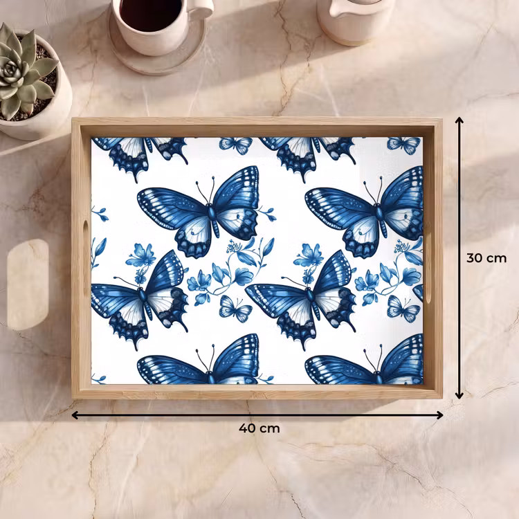 Blauw - Vlinders - Bloemen - Wit Dienblad Rechthoek middel 911 -USP_Formaat