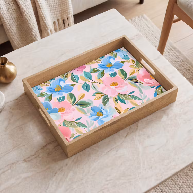 Blauw - Roze - Bloemen Dienblad Rechthoek middel -sfeer1