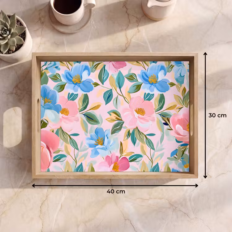 Blauw - Roze - Bloemen Dienblad Rechthoek middel -USP_Formaat