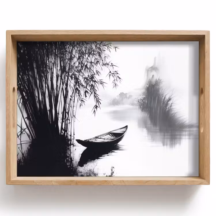 Boot - Rivier - Bamboe - Wit Dienblad Rechthoek middel -z3d_shopping