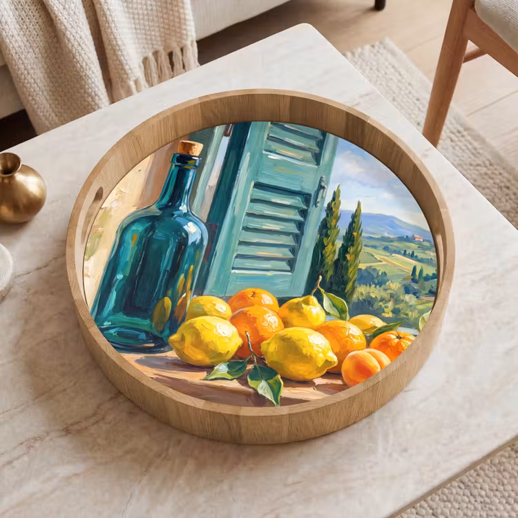 Tray - Bottle - Fruit - Still Life - Fles - Fruit - Stilleven Dienblad Rond middel