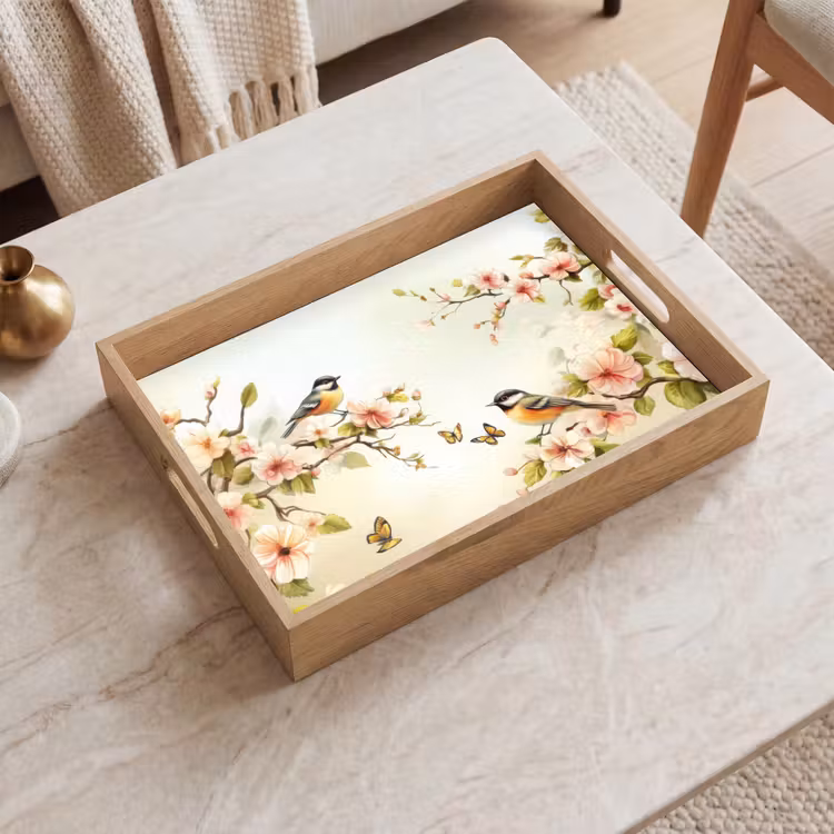 Takken - Bloemen - Vogeltjes - Roze Dienblad Rechthoek middel -sfeer1