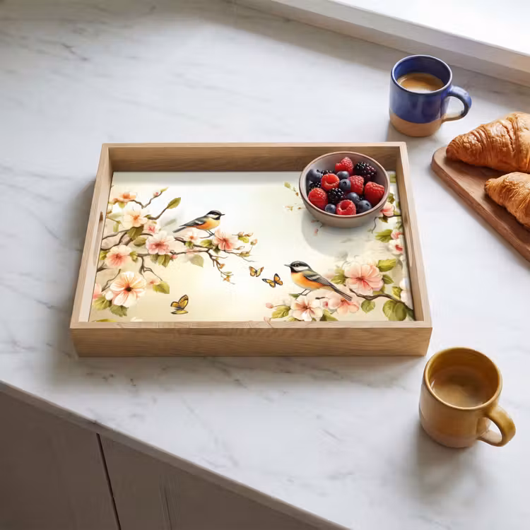 Takken - Bloemen - Vogeltjes - Roze Dienblad Rechthoek middel -sfeer2