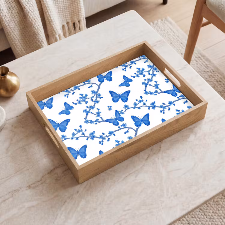 Vlinder - Bloemen - Blauw Dienblad Rechthoek middel 911 -sfeer1
