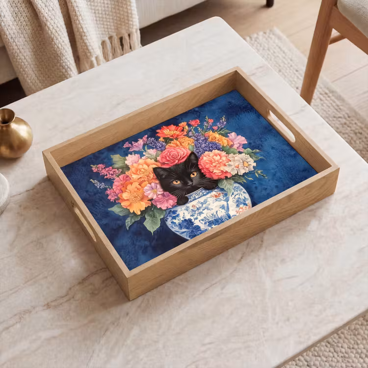 Kat - Felgekleurde bloemen - Vaas Dienblad Rechthoek middel -sfeer1