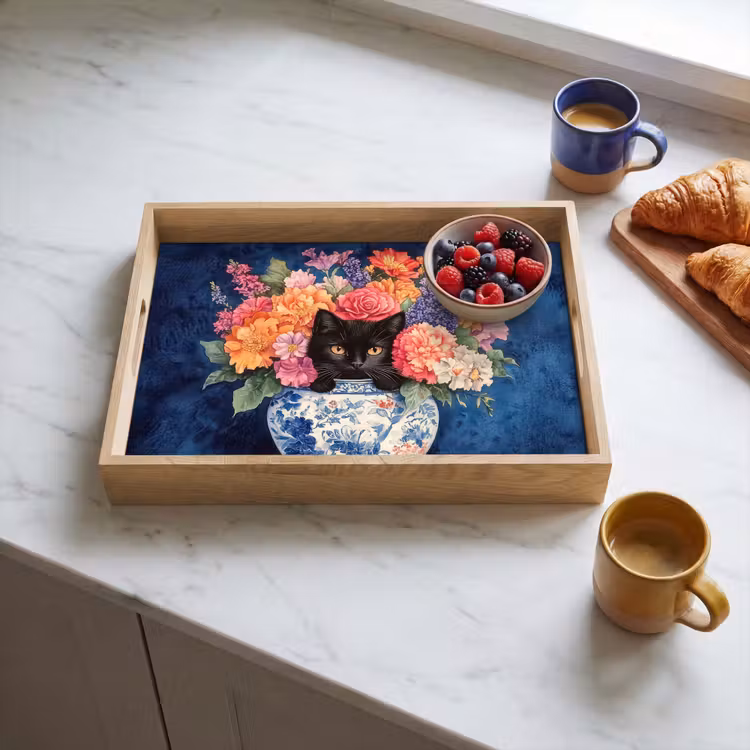 Kat - Felgekleurde bloemen - Vaas Dienblad Rechthoek middel -sfeer2