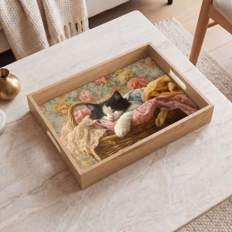Kat - Bloemenprint - Rieten mand Dienblad Rechthoek middel -sfeer1