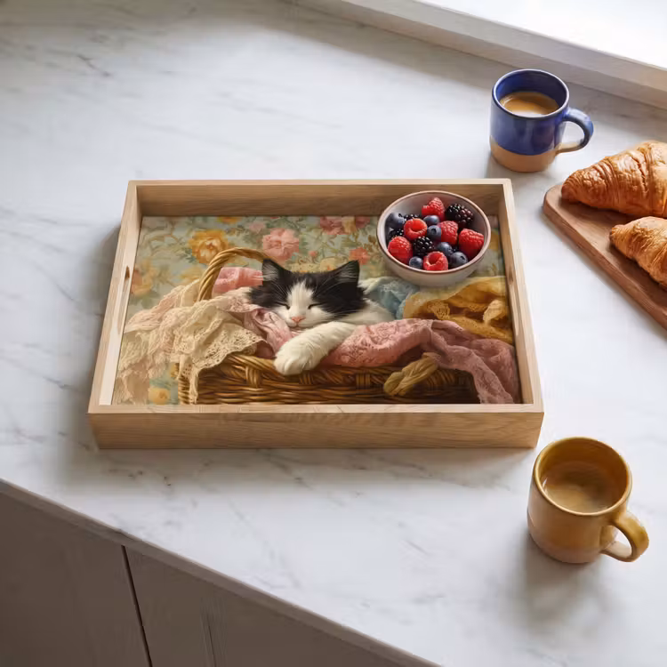 Kat - Bloemenprint - Rieten mand Dienblad Rechthoek middel -sfeer2